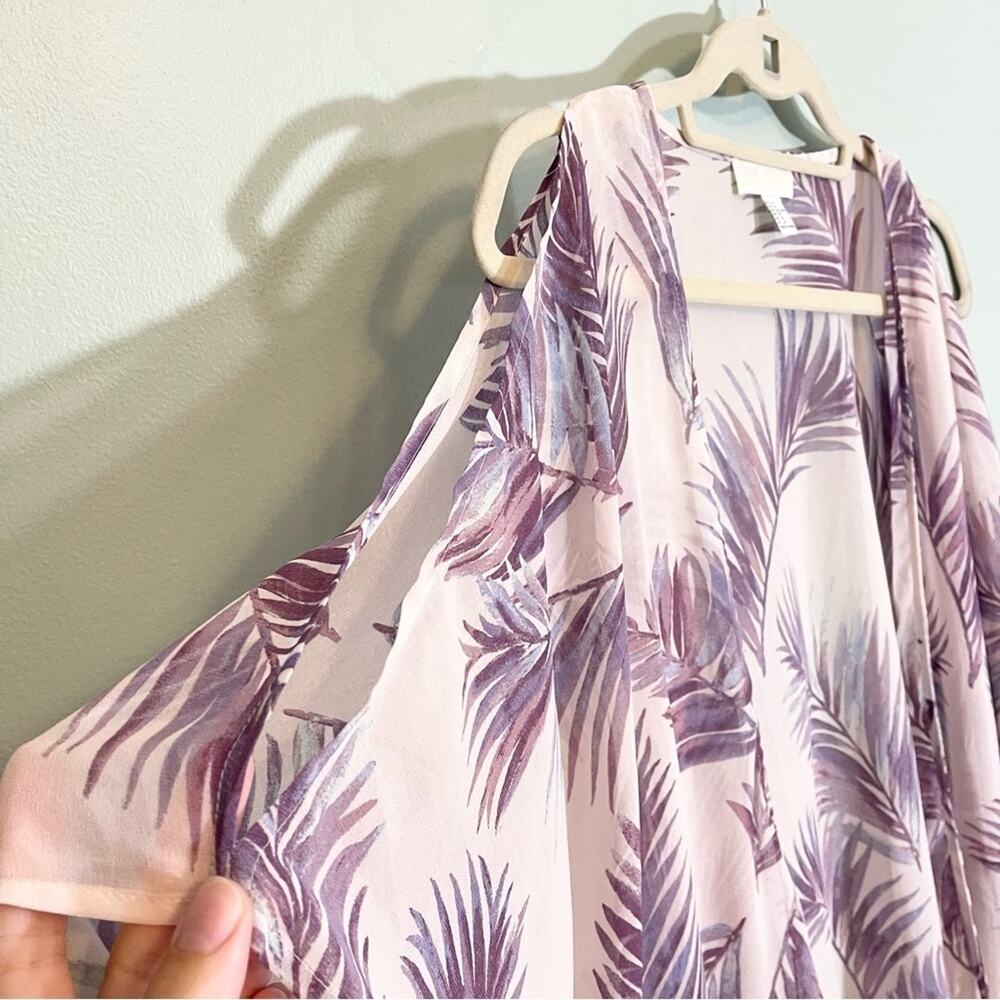 Forever 21 Women's Purple Palm Leaf Cold Shoulder Sheer Drape Cover-Up Top 2X - Picture 6 of 10